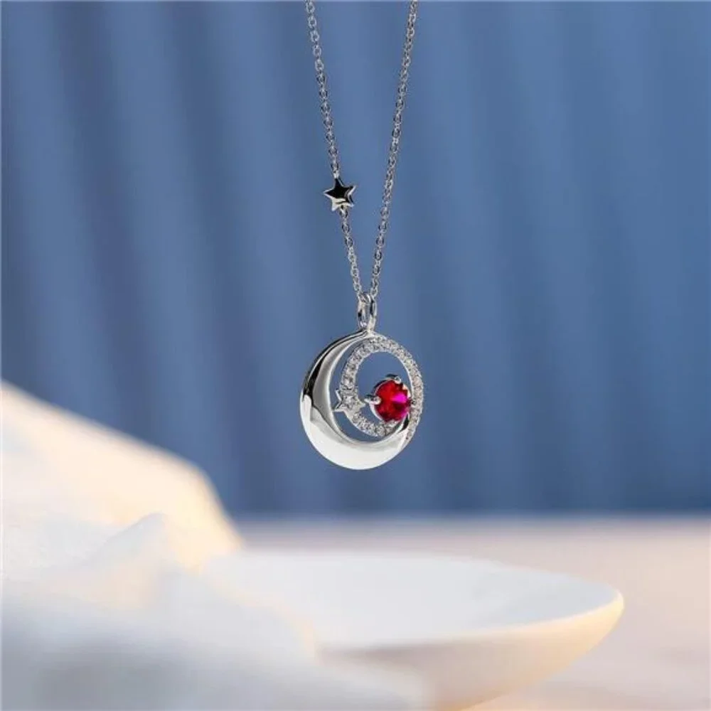 Sterling Silver Moon and Star Necklace Ruby Birthstone Jewelry Gift for Women